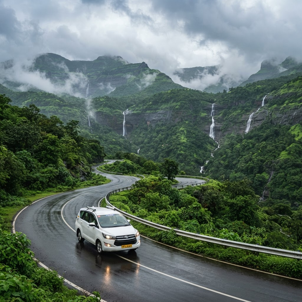 Fresh monsoon road winding through green Maharashtra hills